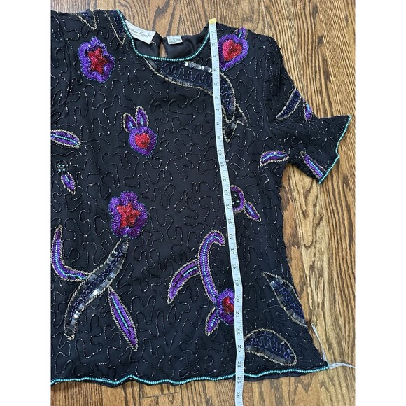 Vintage Lawrence Kazar Size M Black 100% Silk Beaded Sequin Evening Top Whimsy - Picture 6 of 9